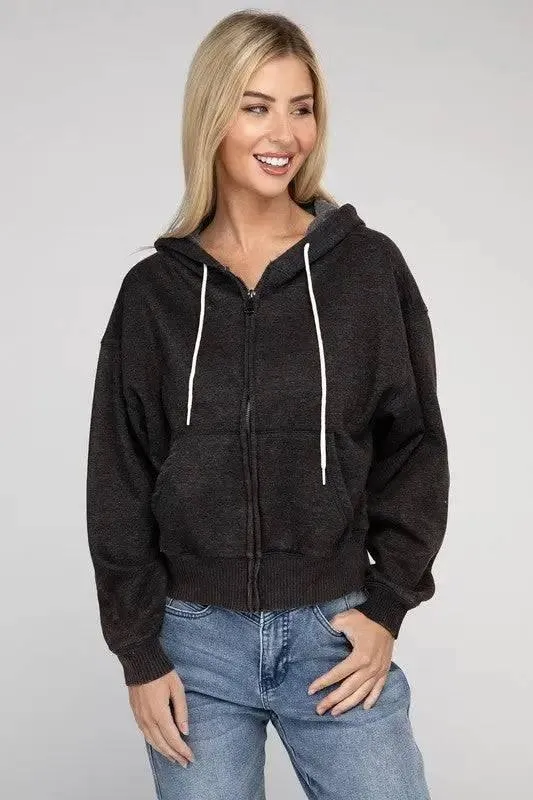 Zenana fleece cropped zip-up hoodie