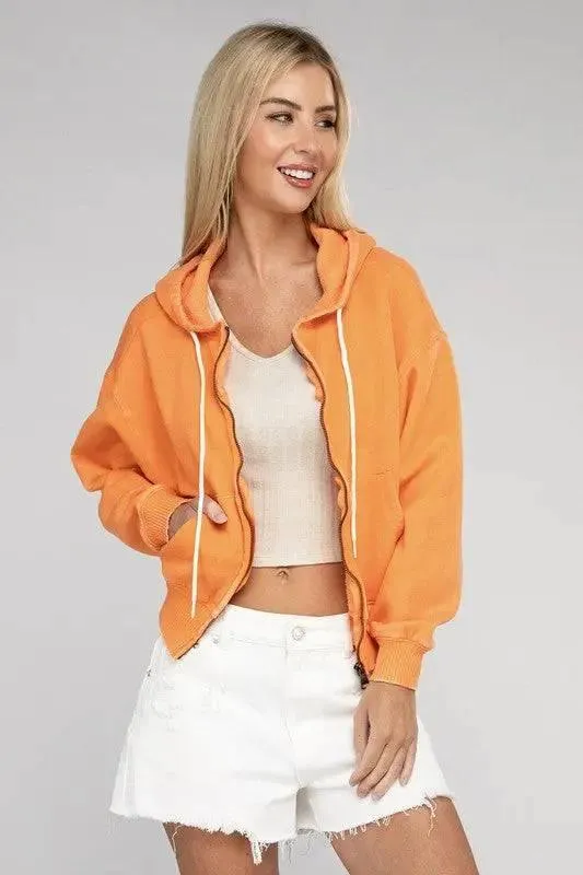 Zenana fleece cropped zip-up hoodie