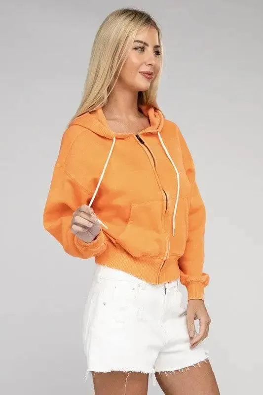 Zenana fleece cropped zip-up hoodie