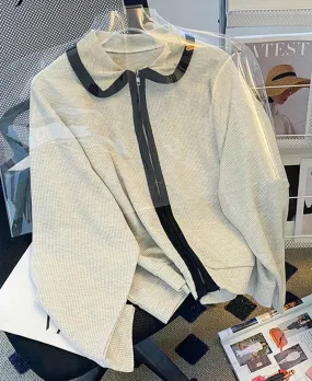 Zipper Black Stripe Patchwork Women Hoodies High Street White Sweatshirt Polo Collar Zip-up Cardigan Female Jacket M-XL