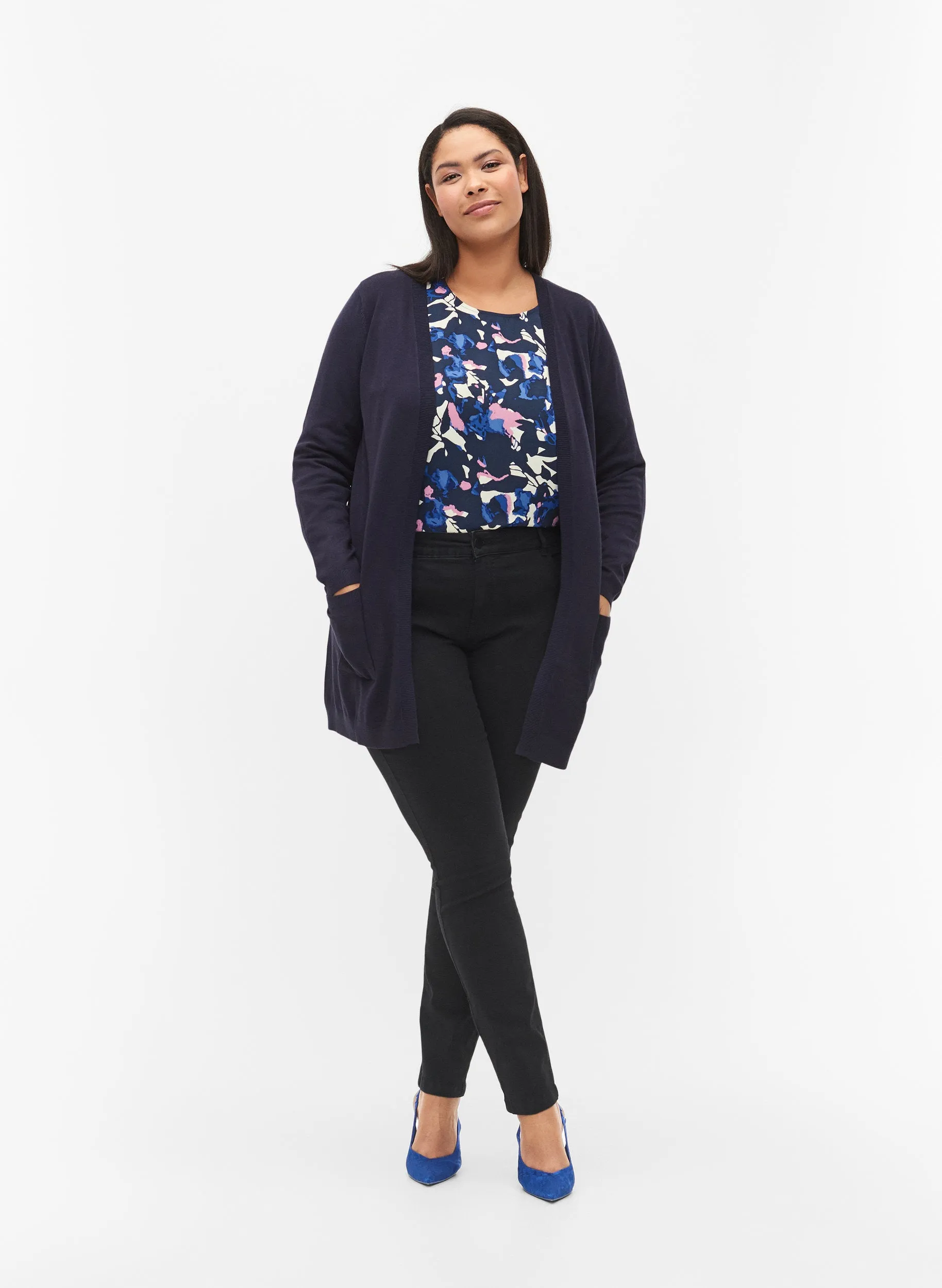 Zizzi Carrie Long Line Cardigan in Navy