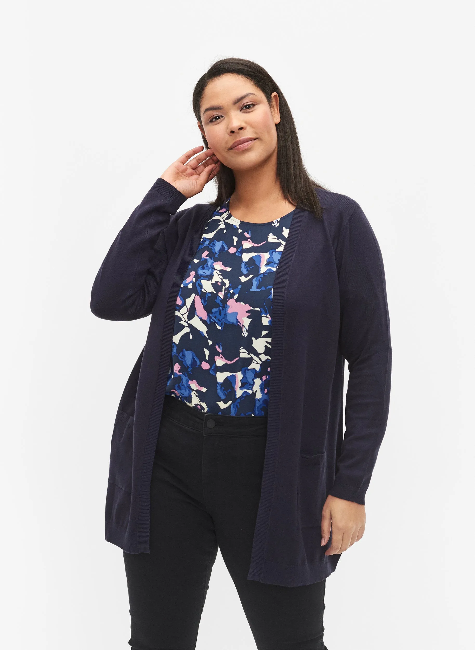 Zizzi Carrie Long Line Cardigan in Navy